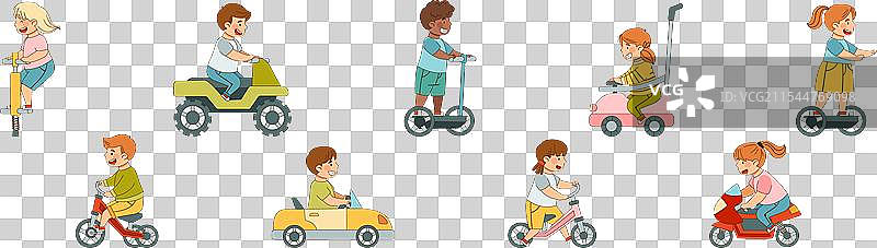 孩子们骑着不同的交通工具，享受驾驶的乐趣图片素材