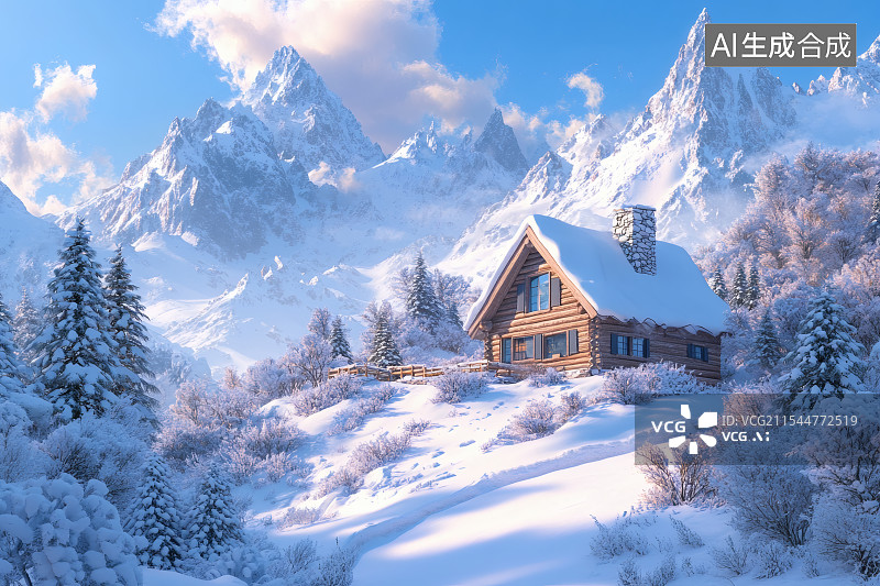 【AI数字艺术】雪山下的小木屋，屋顶上的积雪与袅袅炊烟图片素材