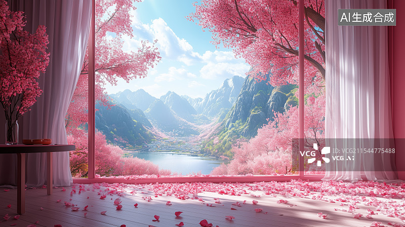 【AI数字艺术】花朵装饰的窗台风景图片素材