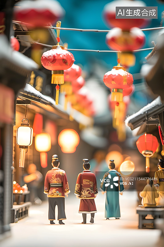 【AI数字艺术】微缩移轴摄影中国古风春节古镇场景图片素材
