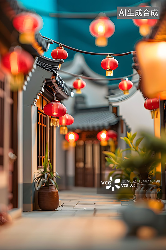 【AI数字艺术】微缩移轴摄影中国古风春节古镇场景图片素材