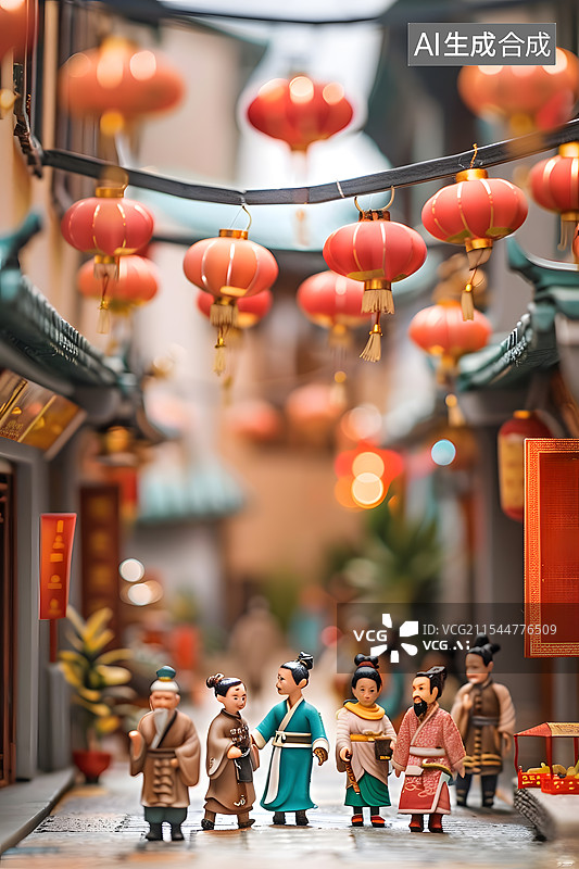 【AI数字艺术】微缩移轴摄影中国古风春节古镇场景图片素材