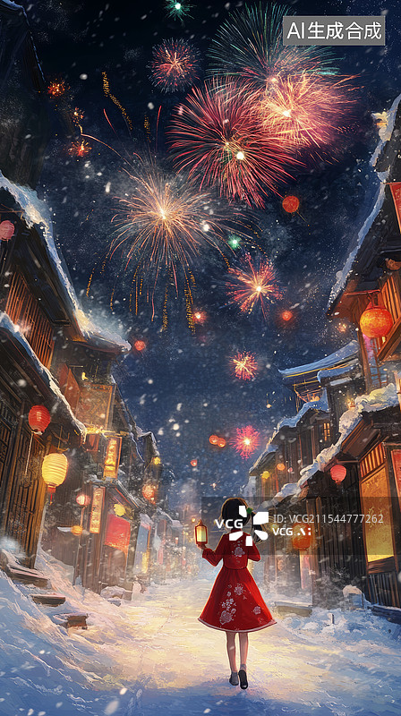 【AI数字艺术】女孩在雪夜的街道上欣赏烟花图片素材