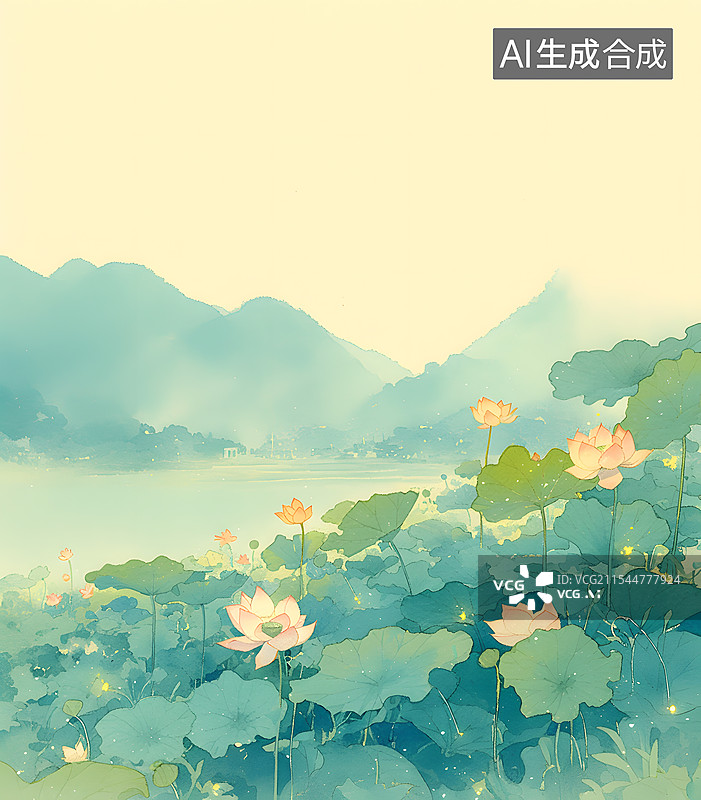 【AI数字艺术】荷花  荷叶 山水画图片素材