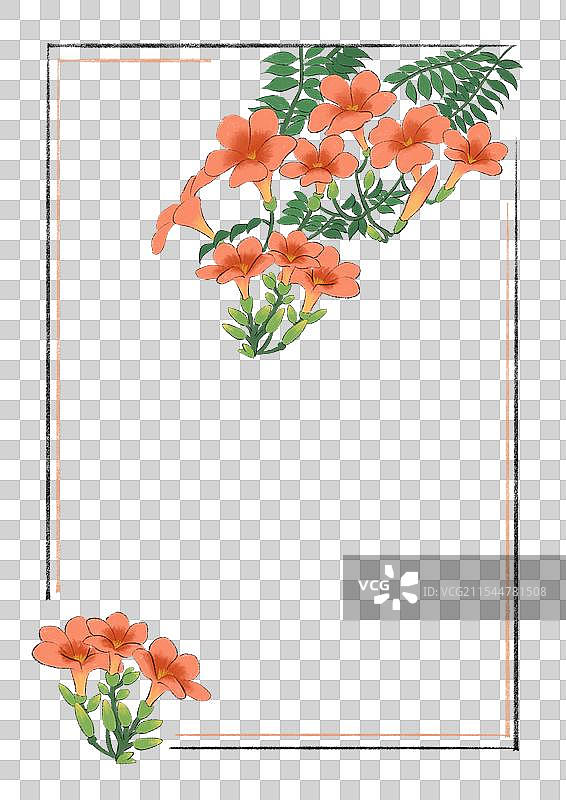 国潮风二十四节气花卉边框-小暑凌霄花图片素材