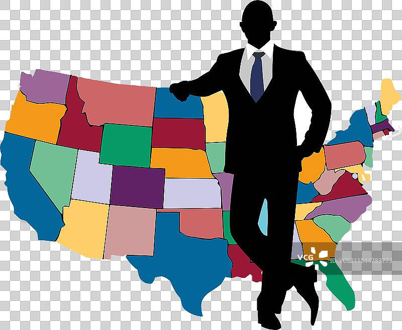 商人靠在五彩缤纷的美国地图上图片素材