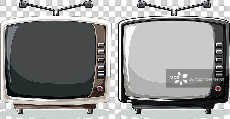 两台带天线和旋钮的复古电视机图片素材