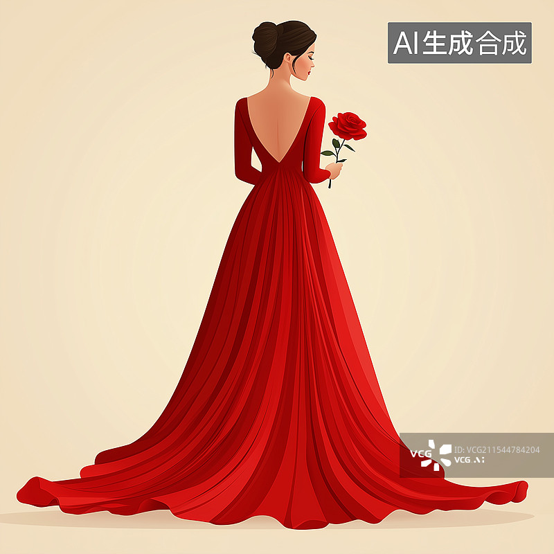 【AI数字艺术】一位穿着红色露背长裙的女性手持玫瑰，优雅地站在画面中央图片素材