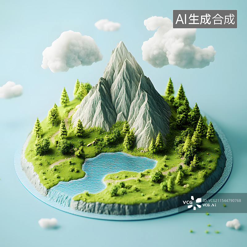 【AI数字艺术】3DC4D渲染微缩雪山湖泊草地云户外无人游戏建模元素等距图图片素材
