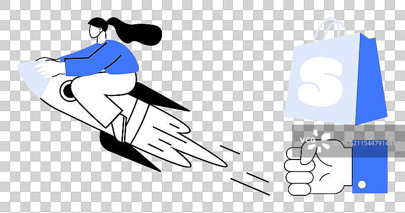 女人骑着火箭，旁边有购物袋和手。图片素材