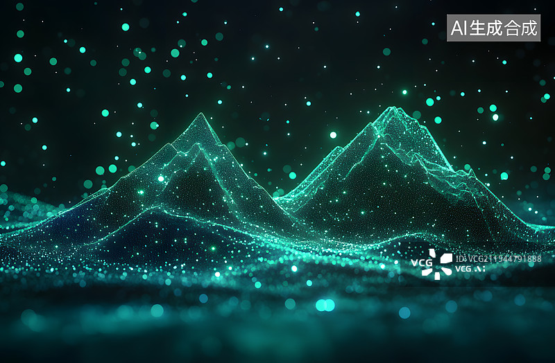 【AI数字艺术】黑色背景中众多绿色发光粒子组成山峰形状，大数据科技互联网金融财富理财遥感科技概念插画图片素材