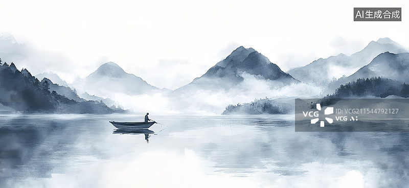 【AI数字艺术】中式水墨画风格一个人乘坐小船在湖中钓鱼背景是山峰自然插画图片素材