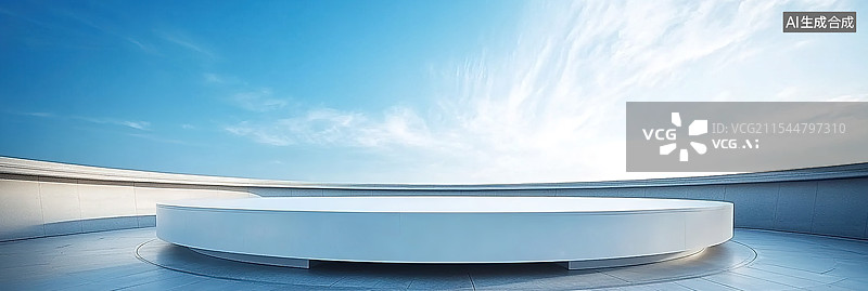 【AI数字艺术】未来主义极简圆形展览空间超现实开放式环境中的流线型白色桌台弧形墙壁天空汽车广告背景海报图片素材