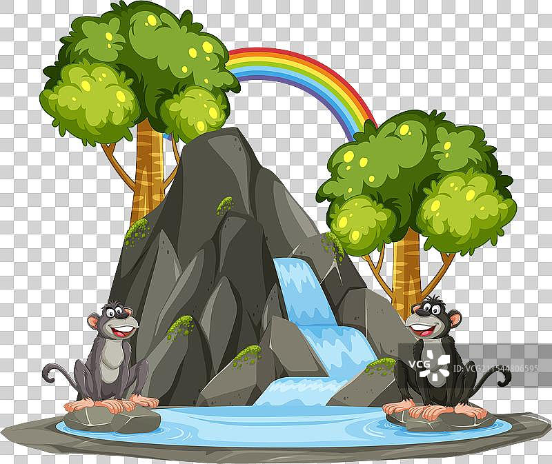 两只快乐的猴子坐在山间瀑布旁图片素材