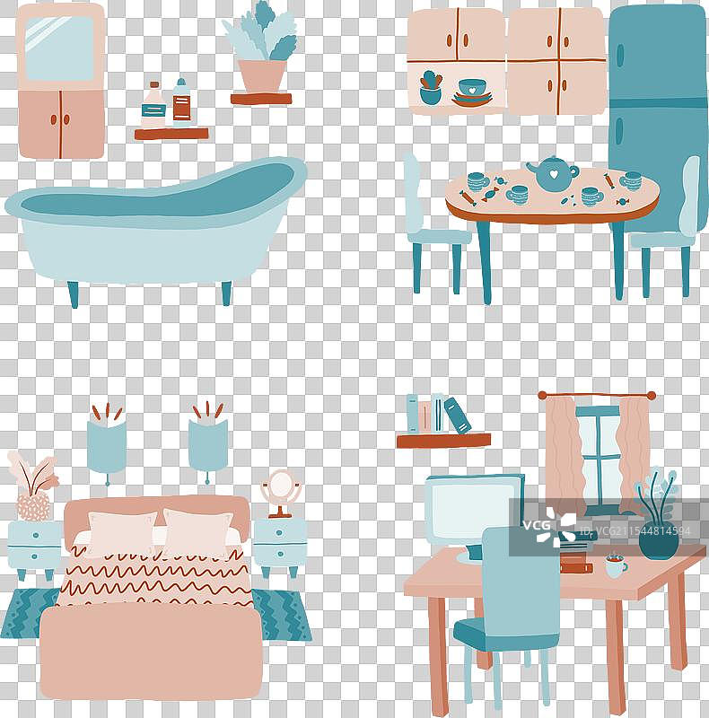 详细的卧室、厨房和工作场所套件图片素材