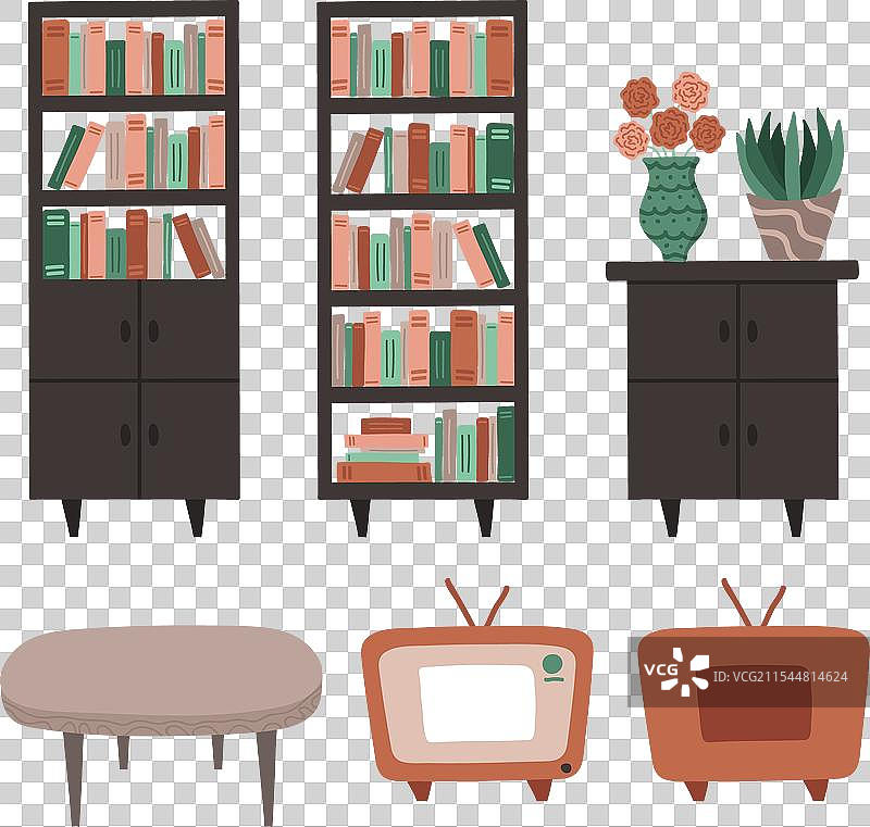 卡通风格的书架、咖啡桌和梳妆台组合图片素材