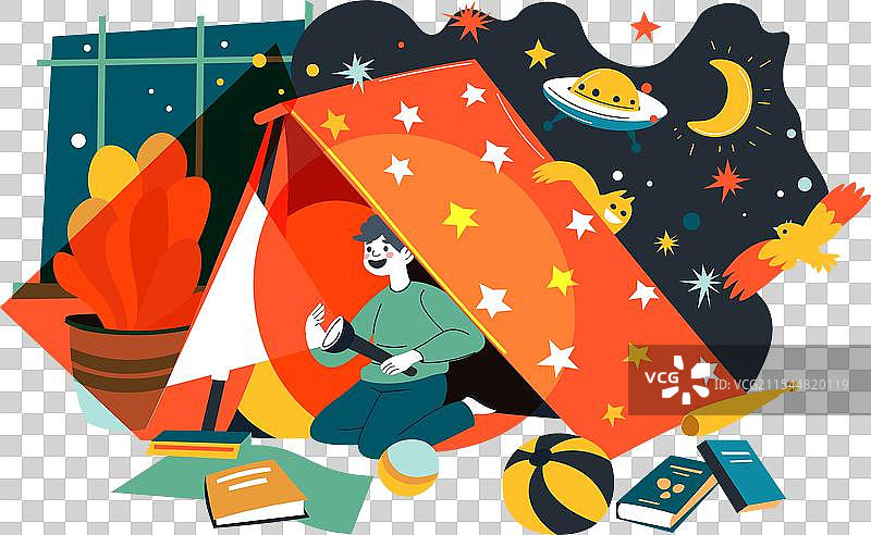 孩子在夜晚的帐篷里用手电筒玩耍图片素材