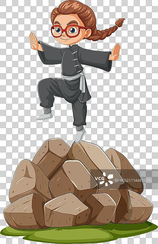 卡通女孩在石堆上摆出武术姿势图片素材