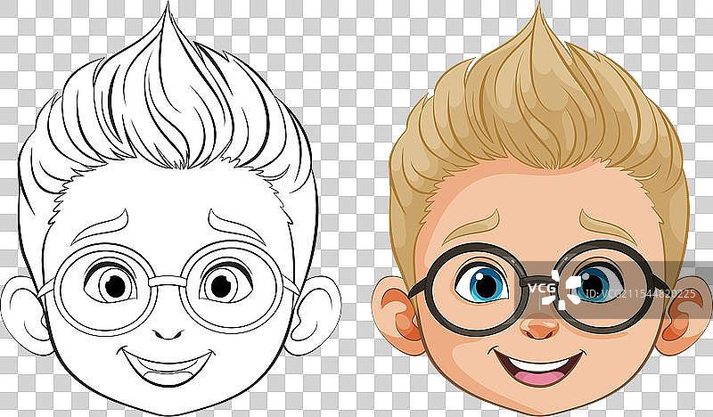 卡通男孩的脸部上色前后对比图片素材