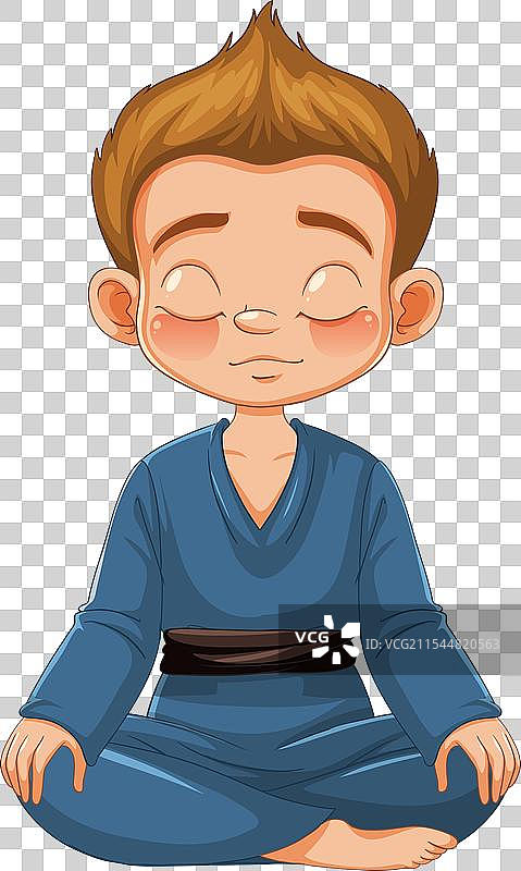 穿着传统服饰的男孩冥想的卡通画图片素材