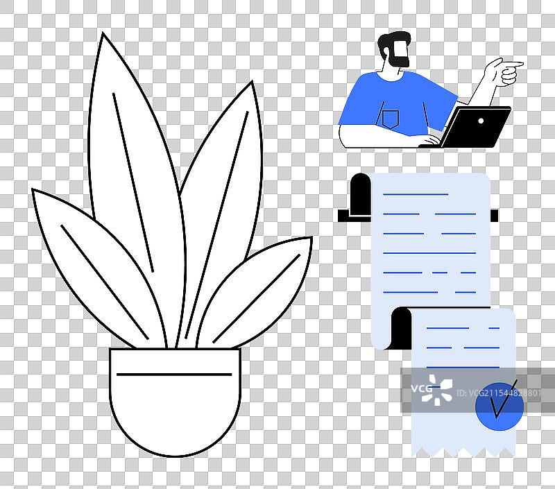 与盆栽植物一起远程工作的男人图片素材