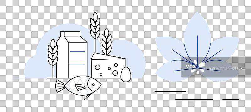 健康的饮食选择，包括鱼类、乳制品和小麦。图片素材