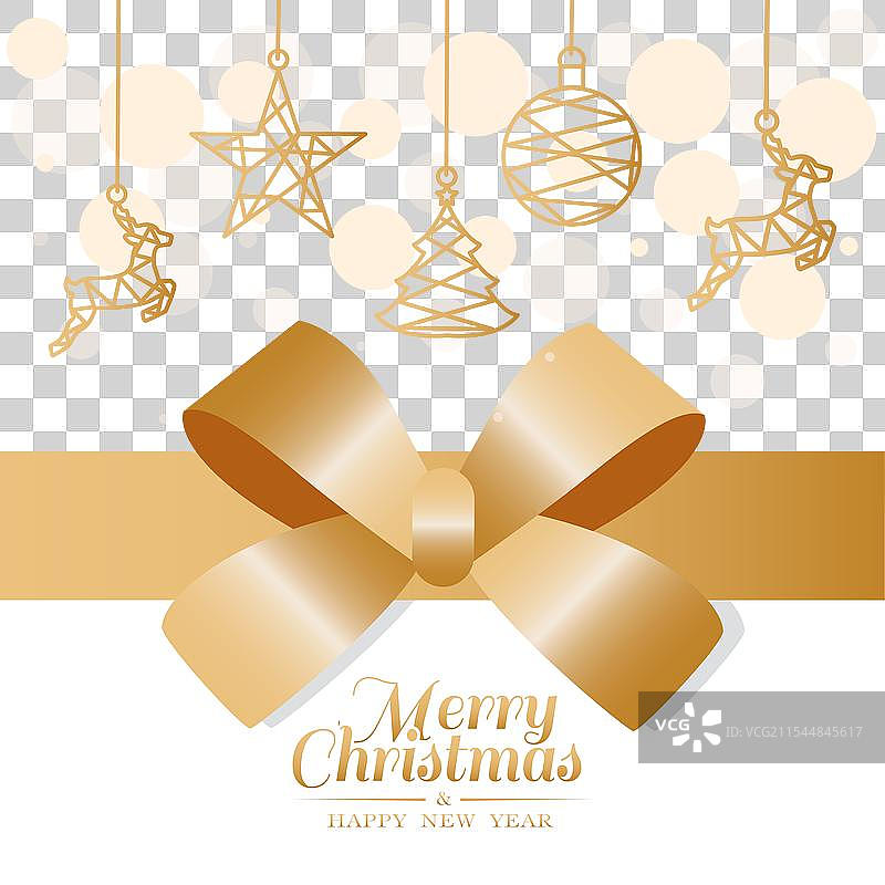 带有金色蝴蝶结和悬挂装饰的圣诞卡片图片素材