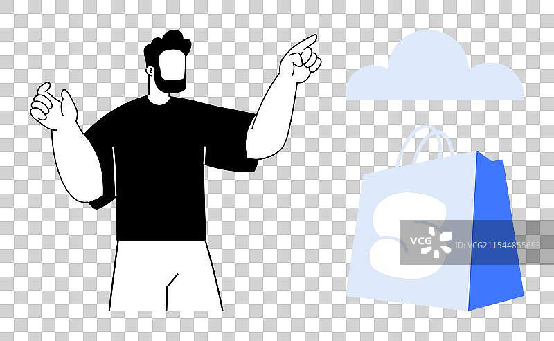 男人指着购物袋和云朵符号图片素材