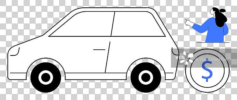 简单的汽车轮廓，旁边有一个人和美元符号图片素材