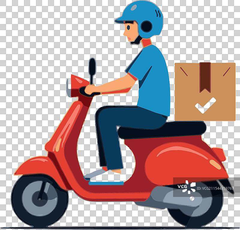 一名骑着滑板车的男子，前面放着一封信。图片素材