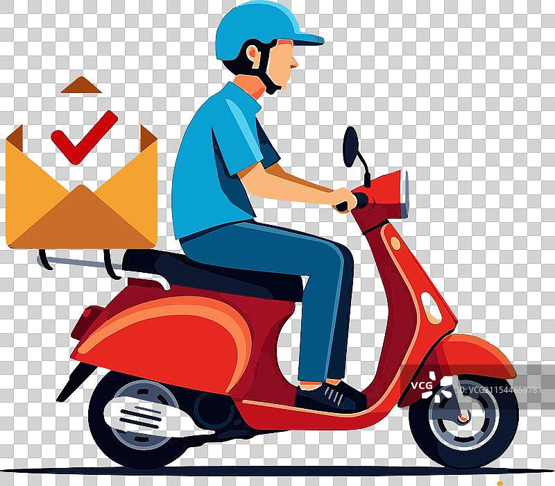 一名骑着滑板车的男子，前面放着一封信。图片素材