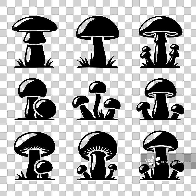 白色背景上的蘑菇剪影集合图片素材