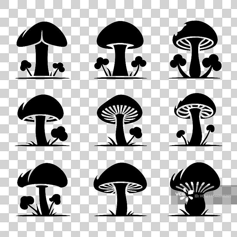 白色背景上的蘑菇剪影集合图片素材
