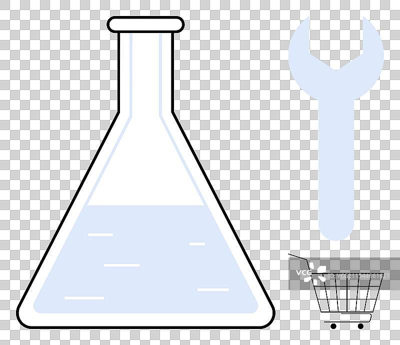 lab flask with light blue liquid beside a wrench图片素材