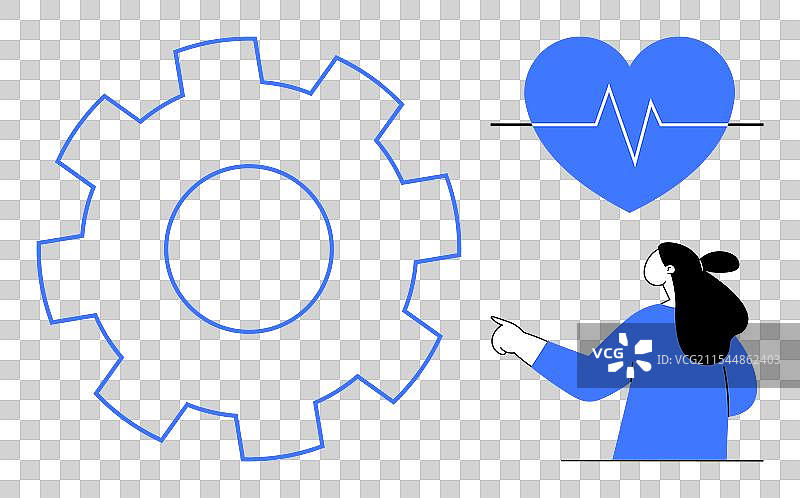 蓝色齿轮与心跳，女人指向前方图片素材