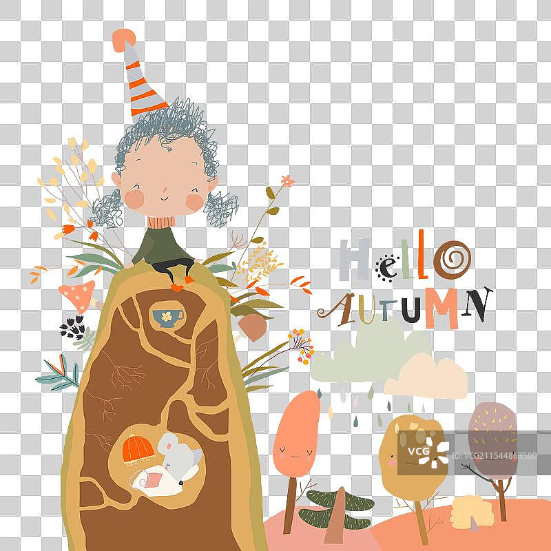 可爱的卡通女孩在森林中迎接秋天图片素材