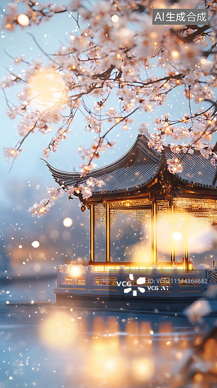 【AI数字艺术】雪中中式建筑灯笼春节节日素材图片素材