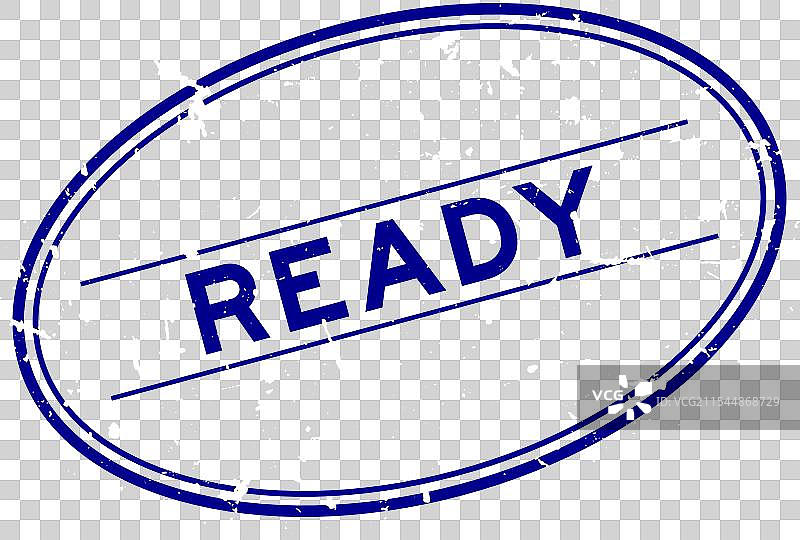 白色椭圆形橡胶印章上的蓝色磨损“准备”字样图片素材