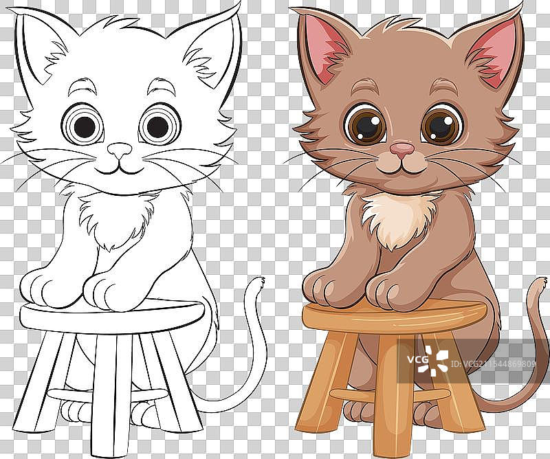 两只可爱的卡通小猫坐在木凳子上图片素材