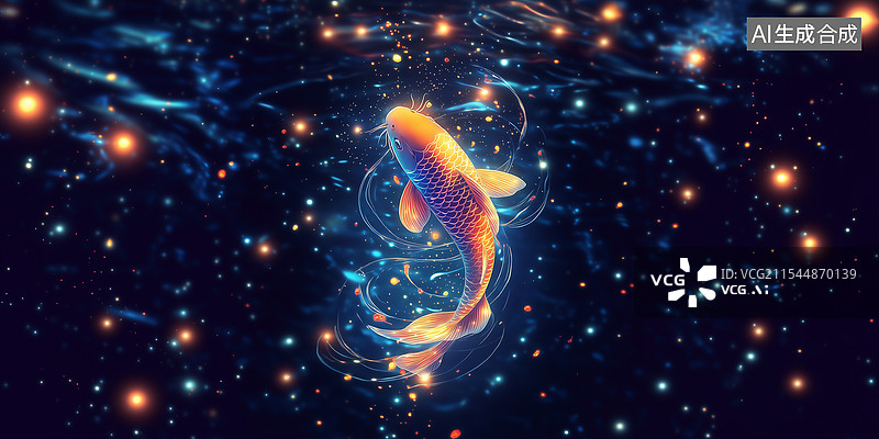 【AI数字艺术】金黄色锦鲤游弋于梦幻水域图片素材