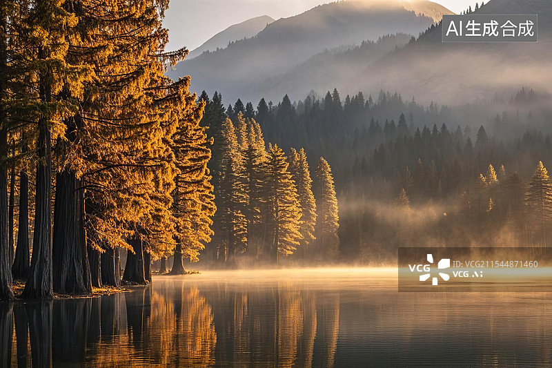 【AI数字艺术】清晨红杉林日出图片素材
