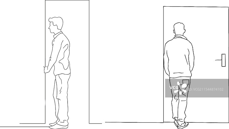 一个男人打开门的连续线条图案图片素材