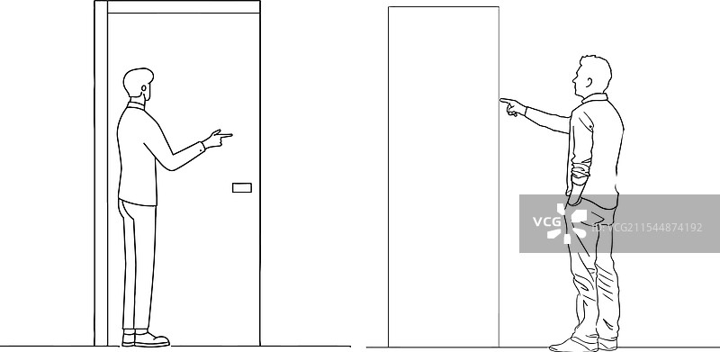 一个男人用手指着门的单线图。图片素材