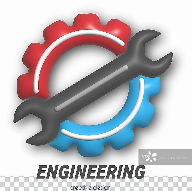 一个3D齿轮和一个机械钥匙，象征着修理。图片素材