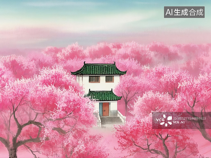 【AI数字艺术】樱花盛放的江南古宅，春日古建樱花景图片素材