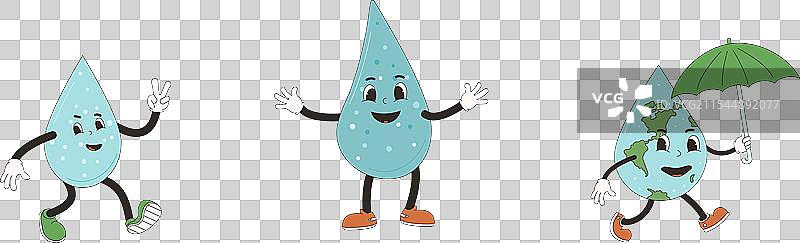 世界水日卡片套装海报，带有复古水滴设计图片素材