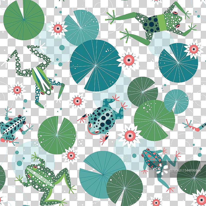 在睡莲池塘上游泳的青蛙与蟾蜍的图案图片素材