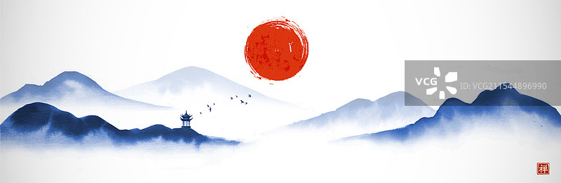 水墨画，描绘了宝塔、寺庙和红色太阳。图片素材