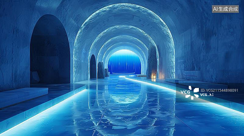 【AI数字艺术】科幻感十足的蓝色通道  未来隧道图片素材