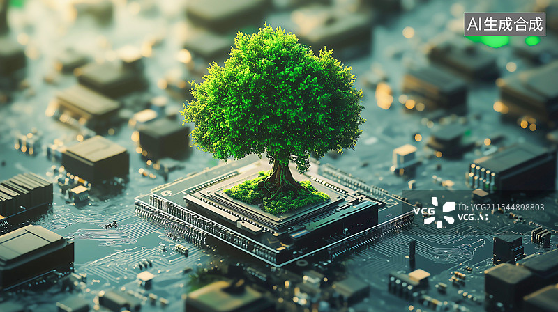 【AI数字艺术】芯片上的生命之树未来绿色科技插画图片素材